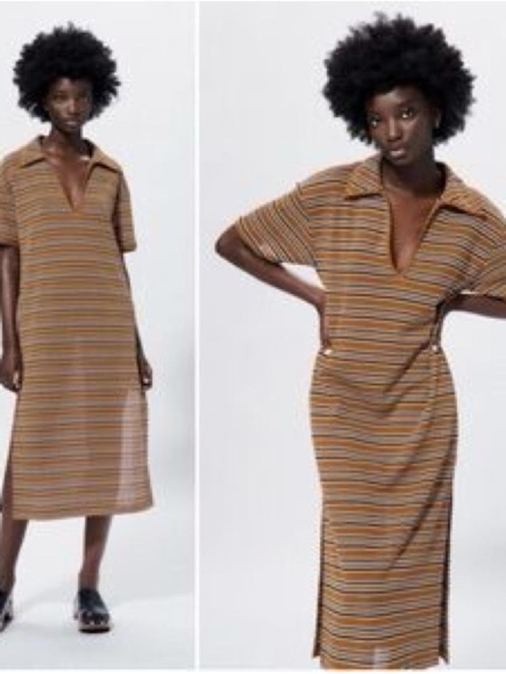 Zara Brown and Cream Striped Polo Knit Midi Dress size small preppy neutral